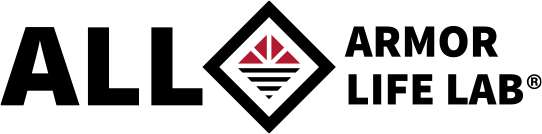 Logo de Armor Life Lab con diseño geométrico en rojo y negro.
